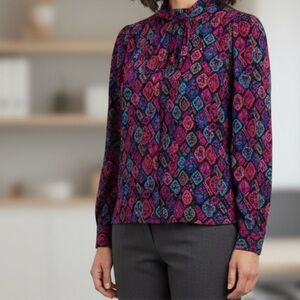 VTG Ikat Print Ascot Tie Blouse Pink Purple